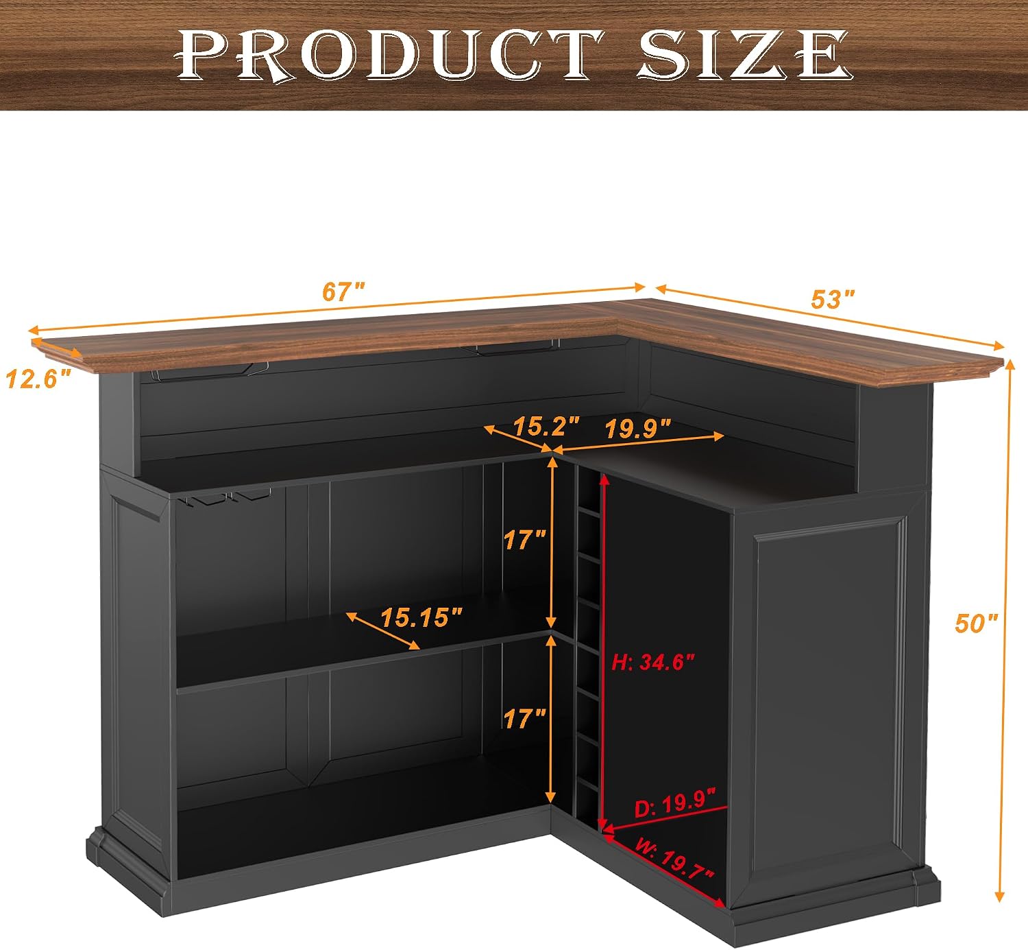 GDLF L-Shaped Home Bar Cabinet with Fridge Space, Oversized Basement Bar | Basement & Man Cave Bar, Seats 5+ Guests, Premium Wood-Grain Finish, Sculpted Edge Details, Fridge Space & Wine Storage