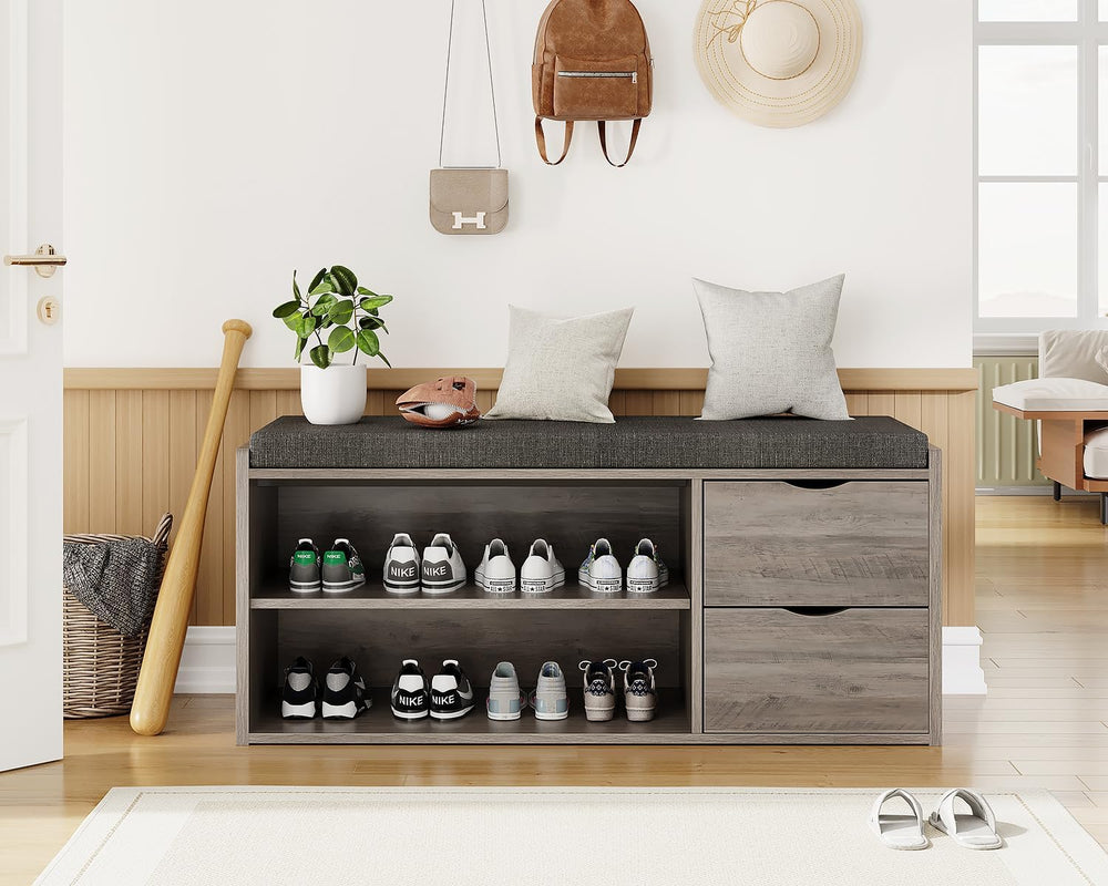 LVB 2-Tier Storage Bench with Padded Cushion, Entryway Shoe Bench with 2 Draw...