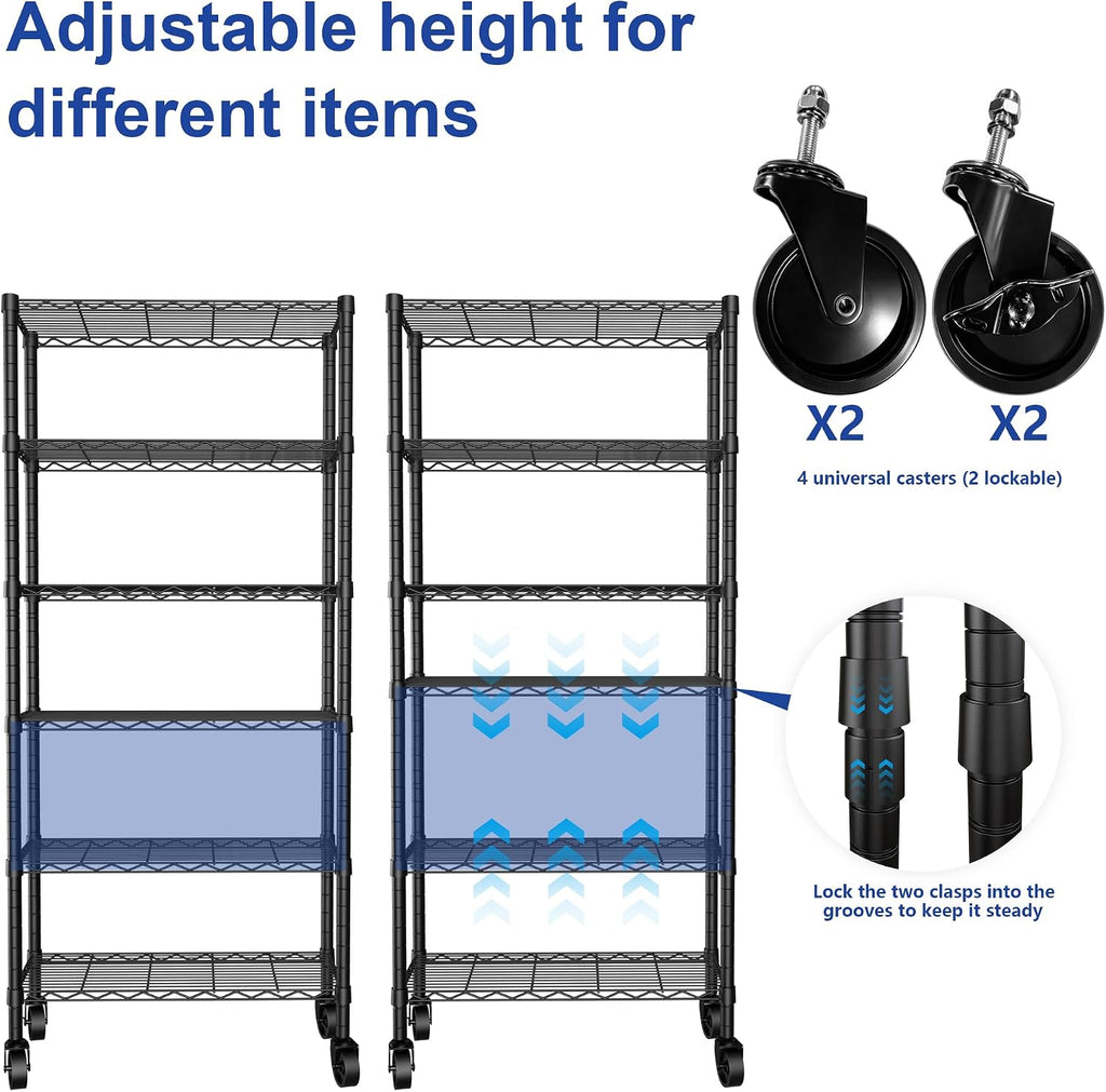 REGILLER 6-Wire Shelving Metal Storage Rack Adjustable Shelves,Standing Storage Shelf Units for Laundry Bathroom Kitchen Pantry Closet(Black,14.1" D x 30" W x 80" H,With Wheels)