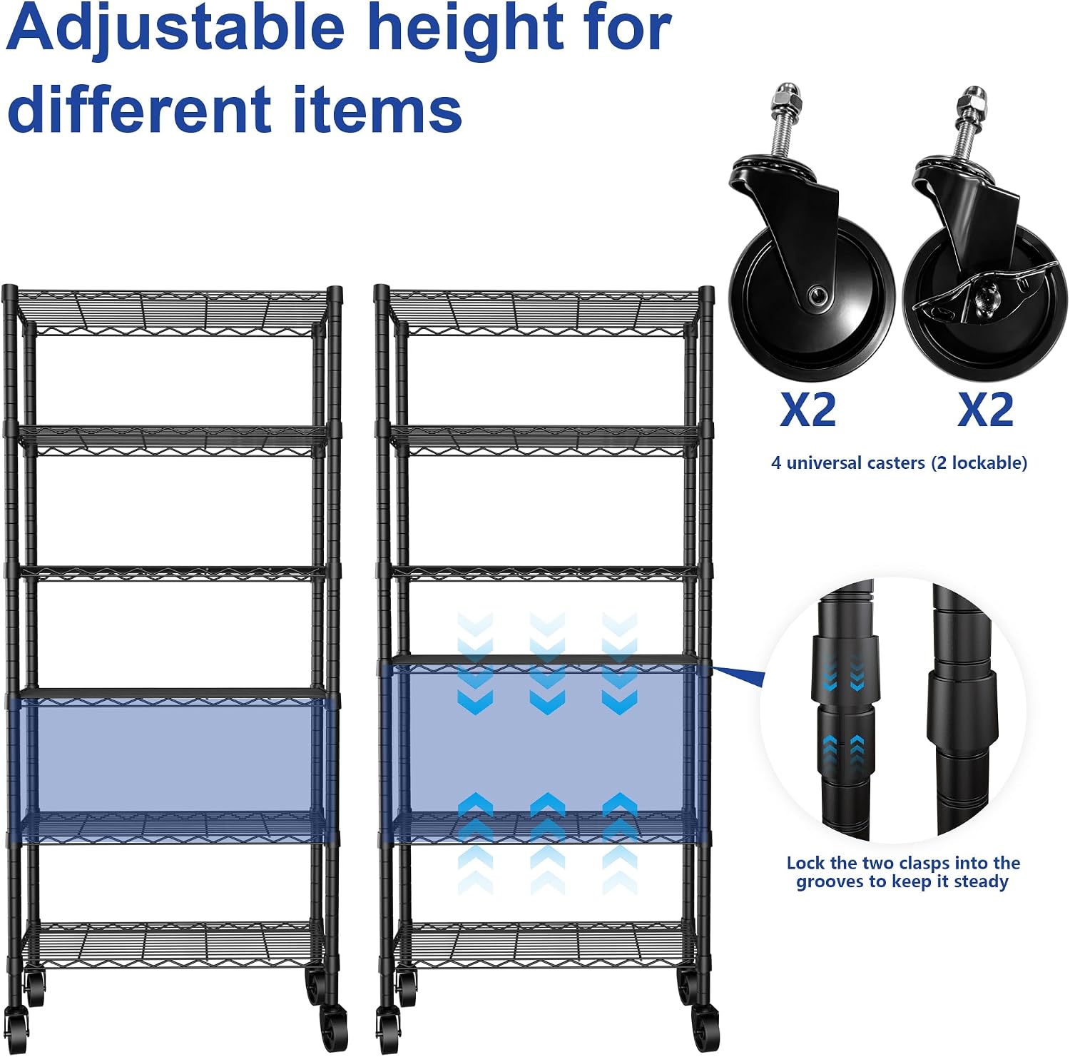 REGILLER 6-Wire Shelving Metal Storage Rack Adjustable Shelves,Standing Storage Shelf Units for Laundry Bathroom Kitchen Pantry Closet(Black,14.1" D x 30" W x 80" H,With Wheels)