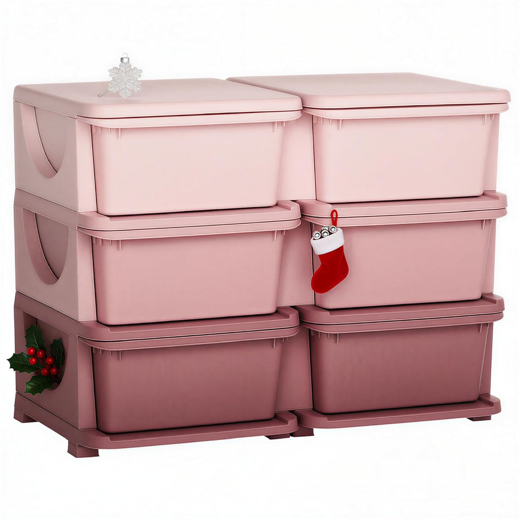 Qaba 3 Tier Kids Storage Unit, 6 Drawer Chest Toy Organizer Plastic Bins for Kids Bedroom Nursery Kindergarten Living Room for Boys Girls Toddlers, Pink