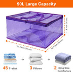 Vieshful 90L Clear Clothes Storage Bag Colorful Clothes Organizer with Zipper Vinyl Storage Bag for Comforter, Blanket, Bedding, Duvet, Transparent Moving Totes 3 Pack, Purple