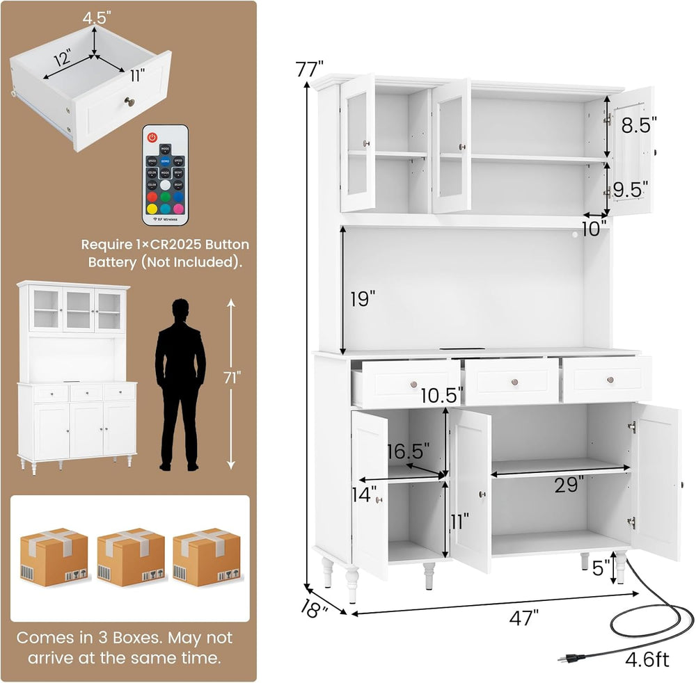 77" Large Kitchen Hutch with Charging Station, LED Pantry Cabinet with M...