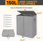 150L Double Laundry Hamper with Lid and Removable Bags,28in Tall Laundry Basket 2 Section,Large Dirty Clothes Hamper 2 Dividers for Bedroom,Laundry Room,Bathroom,Dorm Grey