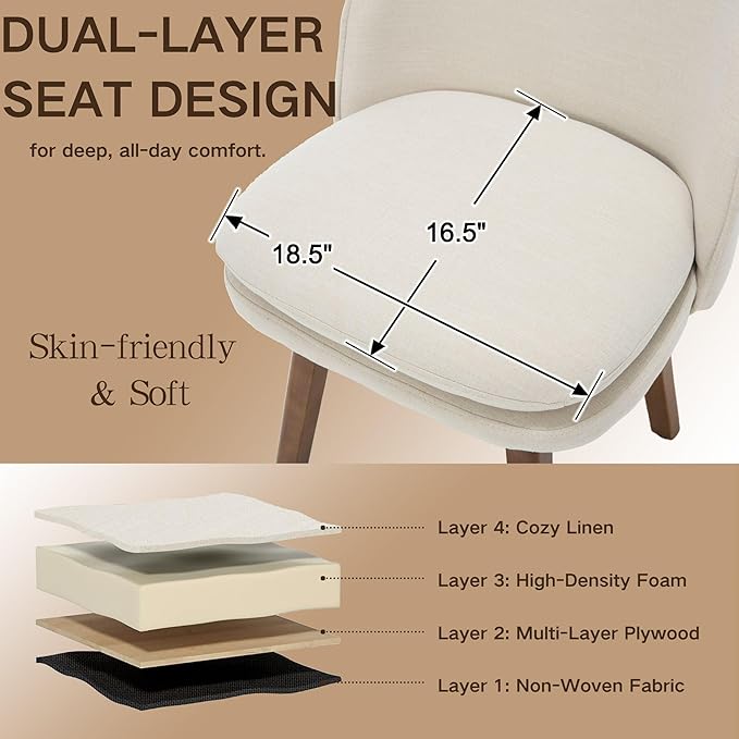 Upholstered Dining Chairs Set of 4, Modern Linen Fabric Dining Room Chairs with Solid Wood Legs & Double-Padded Seat, Swivel Accent Desk Chair for Kitchen Dining Room Restaurant - Beige