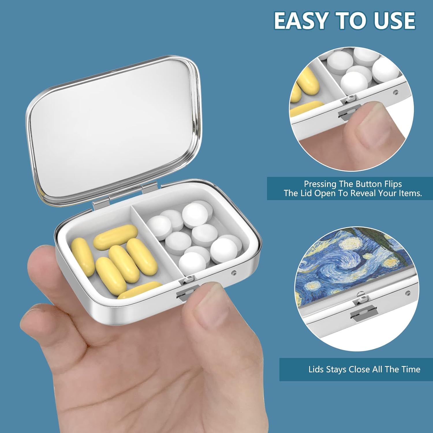 Pill Box 2 Compartment Small Pill Case,Portable for Pocket or Purse Pill Organizer Pill Container Holder to Hold Vitamins, Medication, Fish Oil and Supplements(Aurora Lights)
