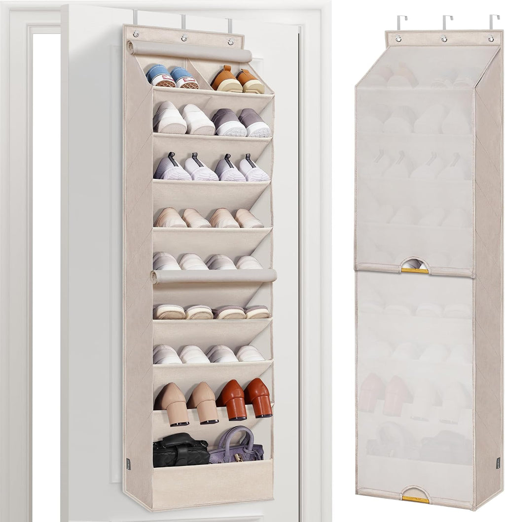STORAGE MANIAC Over the Door Shoe Organizer with Curtain Dustproof Heavy-Duty Large Deep Pocket Hanging Shoe Organizer for Closet Dorm & Narrow Door Storage Shoe Holder Shoe Rack, 9-Shelf Beige 1 Pack