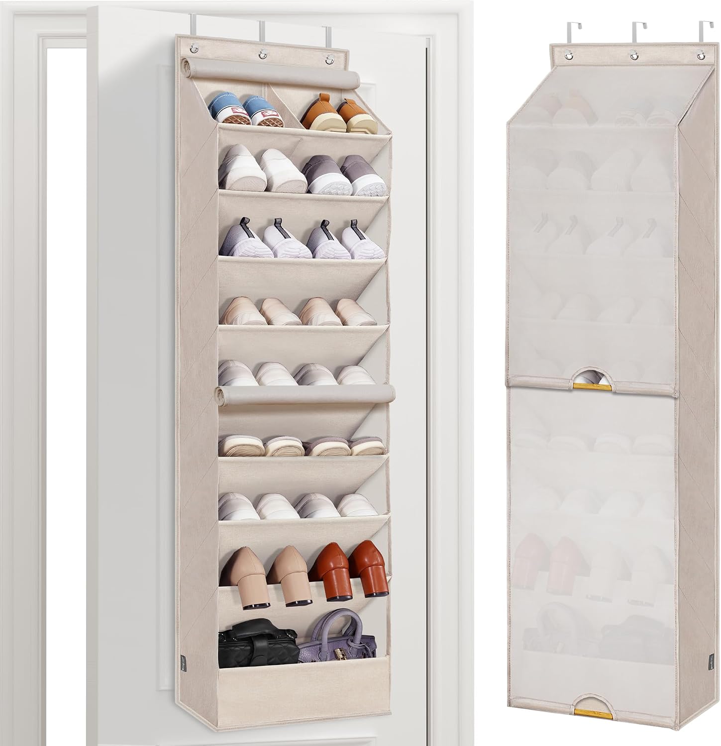 STORAGE MANIAC Over the Door Shoe Organizer with Curtain Dustproof Heavy-Duty Large Deep Pocket Hanging Shoe Organizer for Closet Dorm & Narrow Door Storage Shoe Holder Shoe Rack, 9-Shelf Beige 1 Pack