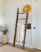 TEAKMAMA 6-Tier 5.4ft Blanket Ladder with Hanging Knobs Rustic Brown | Farmhouse Wall Leaning Solid Wood Scratch & Slip Proof Quilt Rack, Living Room Bedroom Bathroom, Xmas Deco, Easy Setup