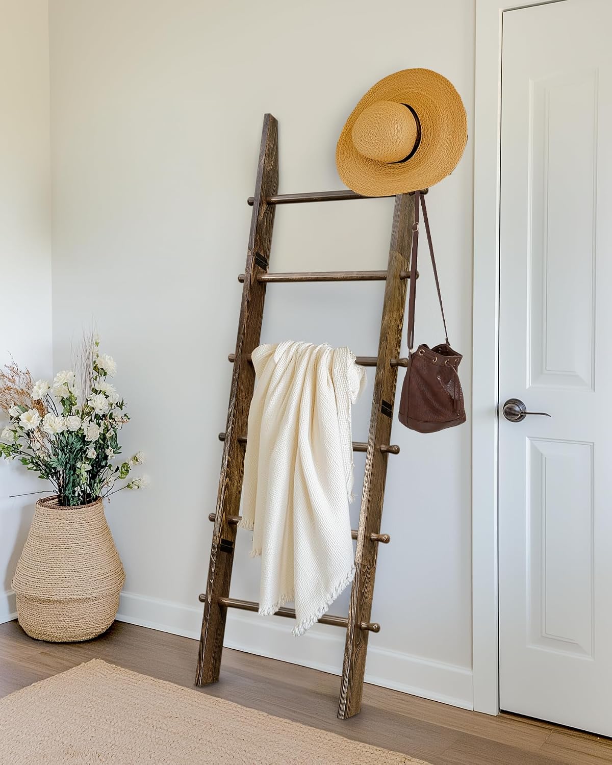 TEAKMAMA 6-Tier 5.4ft Blanket Ladder with Hanging Knobs Rustic Brown | Farmhouse Wall Leaning Solid Wood Scratch & Slip Proof Quilt Rack, Living Room Bedroom Bathroom, Xmas Deco, Easy Setup
