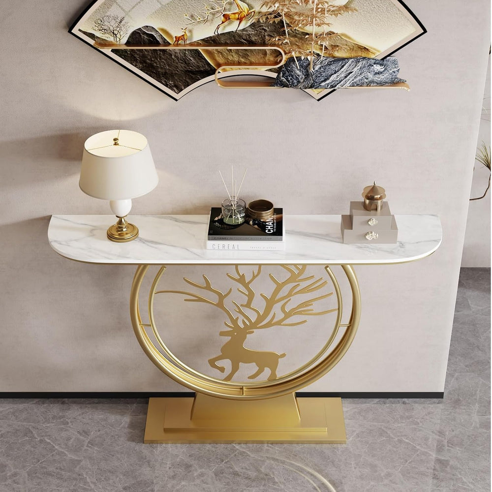 Modern Console Table with Stone Slab Tabletop Accent Table for Hallway Entryw...