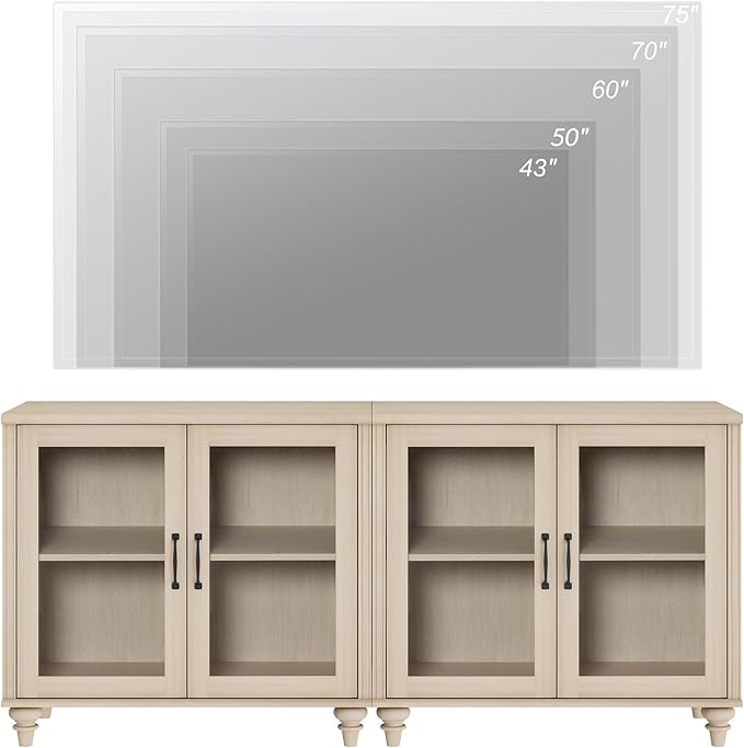 WAMPAT Entertainment Center with Bookshelves for TVs up to 75", Farmhouse Wall Unit TV Stand with Glass Doors & Drawer, Media Console Table for Living Room, Bedroom & Home Theater, Beige