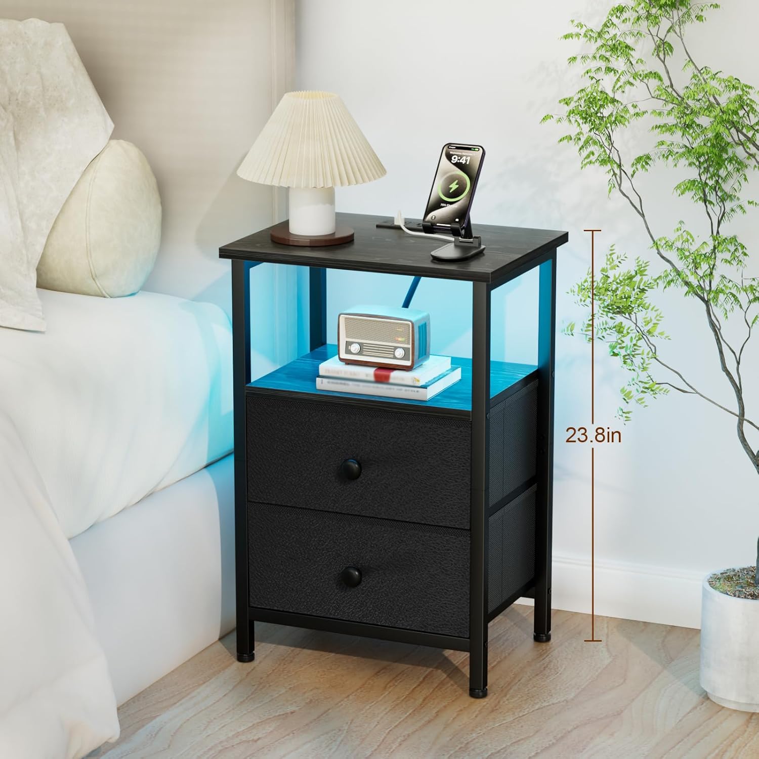 LOAKEKEL Night Stand, LED Black Nightstand with Charging Station | Small Bedside Table with USB Ports & Outlets, Side Table with Type-C and LED Lights, 2 Fabric Storage Drawers for Bedroom