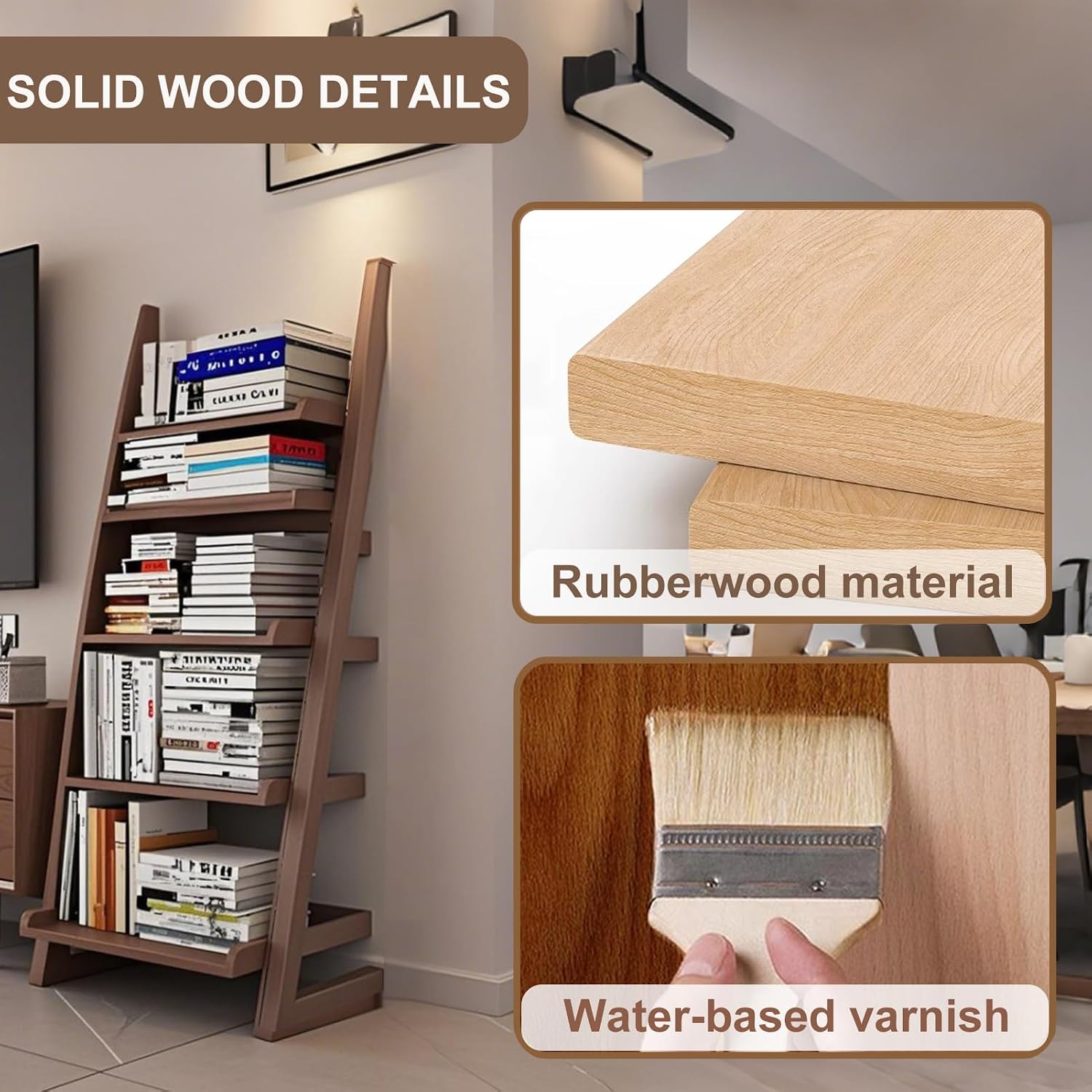 5-Tier Ladder Shelf Bookcase, Walnut Wooden Leaning Bookshelf | H 55.1" Ladder Bookshelf Space-Saving, Freestanding Storage Rack, Plant Ladder indoor for Living Room, Home Office, Bedroom