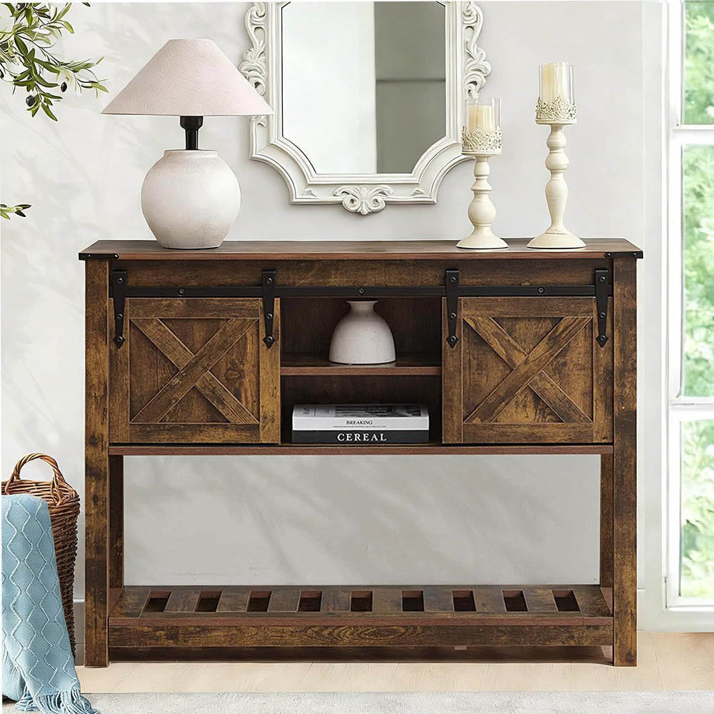 Brown Farmhouse Entryway Table, Rustic Hallway Table with Storage Shelf, Sofa...