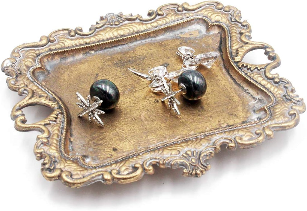 Funly mee Small Antique Trinket Dish Vintage Gold Metal Jewelry Tray, Ring Holder-5.3 x 3.5 x 1.2 inches