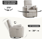 Power Recliner,Nursery Swivel Glider Rocking Chair with USB Port,Upholstered Adult Electric Recliner Rocking Chair with 2 Pillows for Living Room Bedroom(Lightgrey Corduroy, Power-Driven)