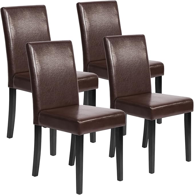FDW Dining Chairs Set of 4,Dining Room Chairs,Side PU Cushion Chairs with Waterproof Surface and Wood Legs,for Kitchen Restaurant and Living Room,Leather Brown