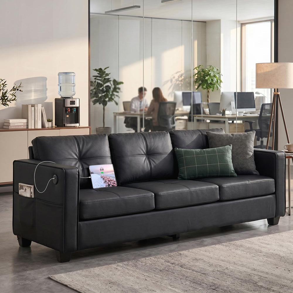 TYBOATLE 88'' Black Faux Leather Couch with USB, 3-Seater | Faux Leat...