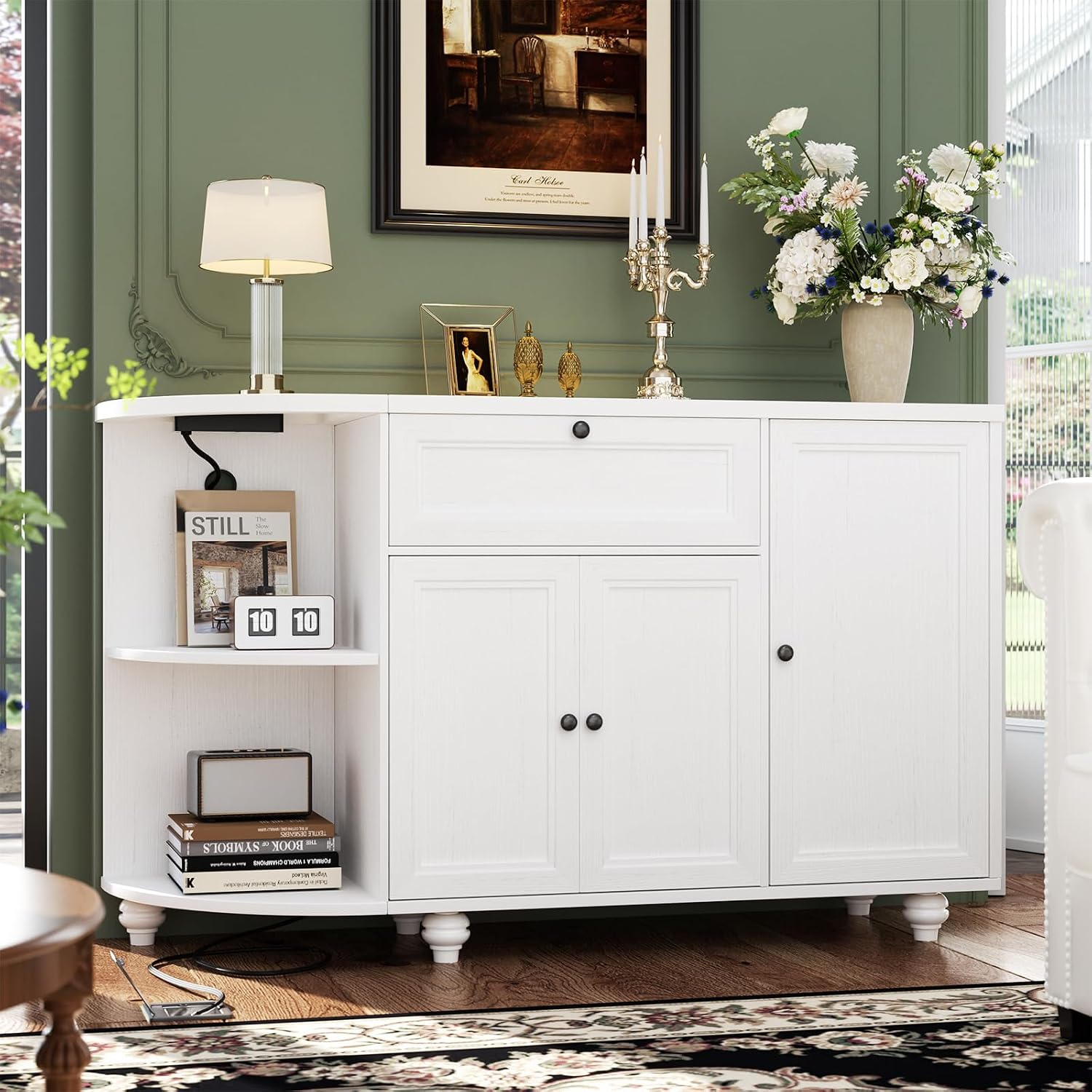 55" White Freestanding Coffee Bar Cabinet with Charging Station, Wine Rack, Drawer, Modern Liquor Wine Cabinet Home Mini Bar Sideboard Buffet Cabinet for Kitchen Dining Living Room Small Space