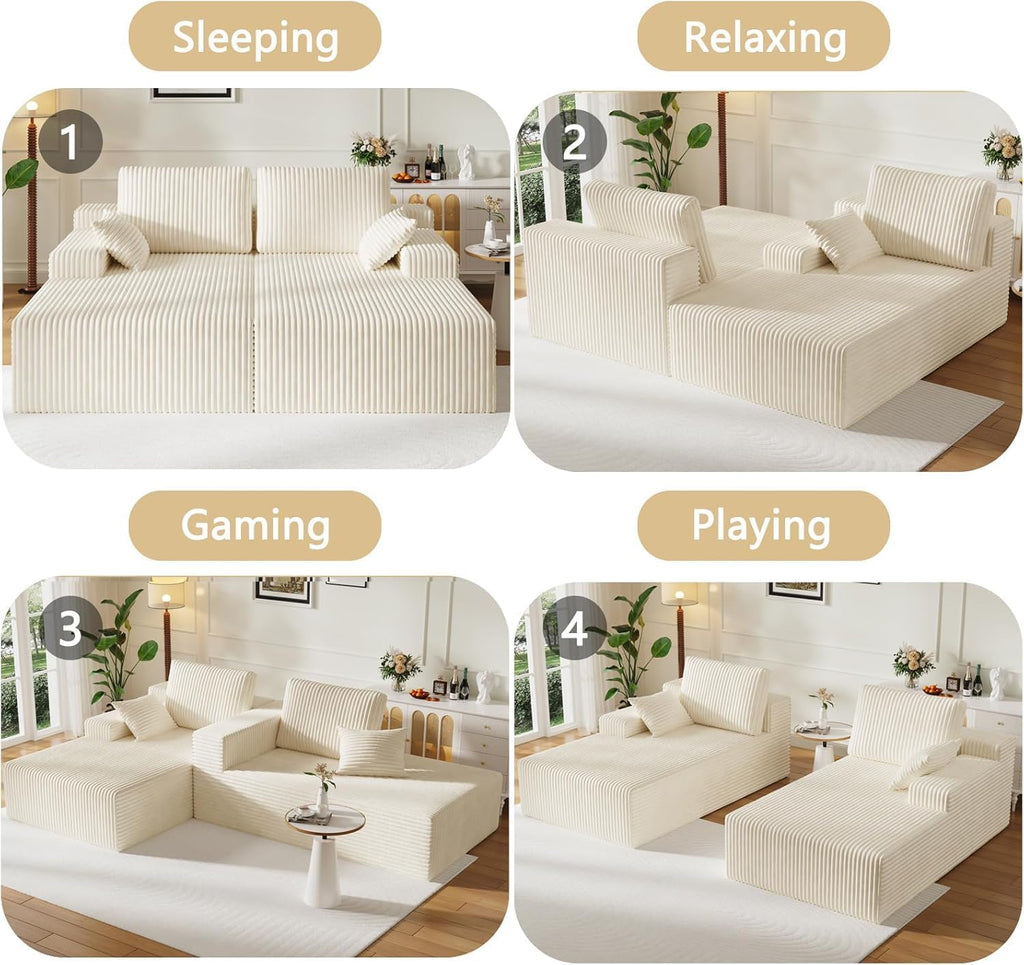 37.4" Oversized Chaise Longue Round Chair Indoor Living Room Boneless Giant Bean Bag Chair for Adults Corduroy Big Accent Sofa Floor Sofa Relax No Assembly (White, Loveseat Chaise)