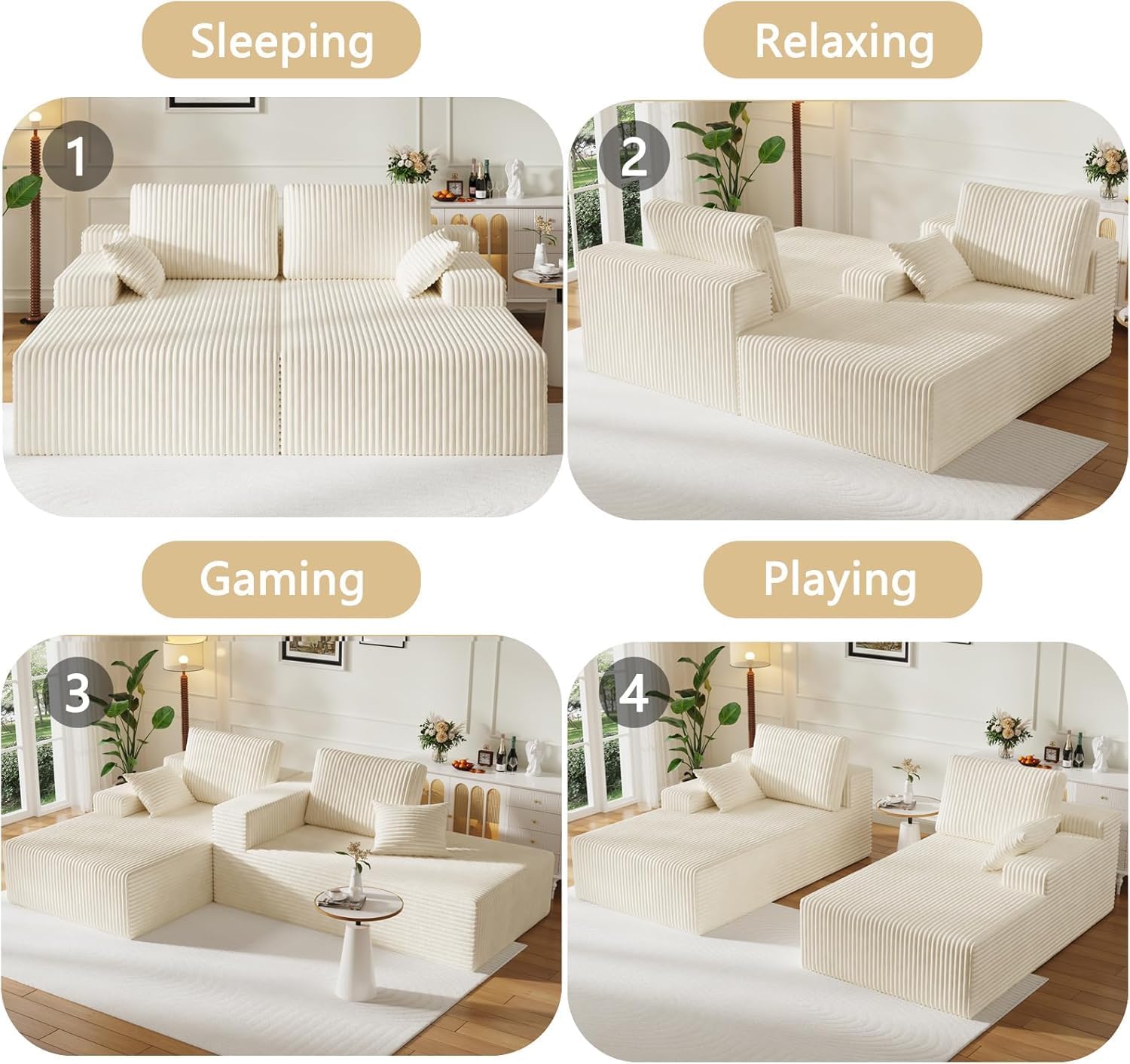 37.4" Oversized Chaise Longue Round Chair Indoor Living Room Boneless Giant Bean Bag Chair for Adults Corduroy Big Accent Sofa Floor Sofa Relax No Assembly (White, Loveseat Chaise)