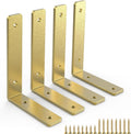 Gold Heavy Duty Shelf Brackets 4 Inch, Rustic Gold Iron L Shelf Bracket, Industrial Modern Metal Floating Shelf with Hardware for DIY Open Shelving, 4 Pack