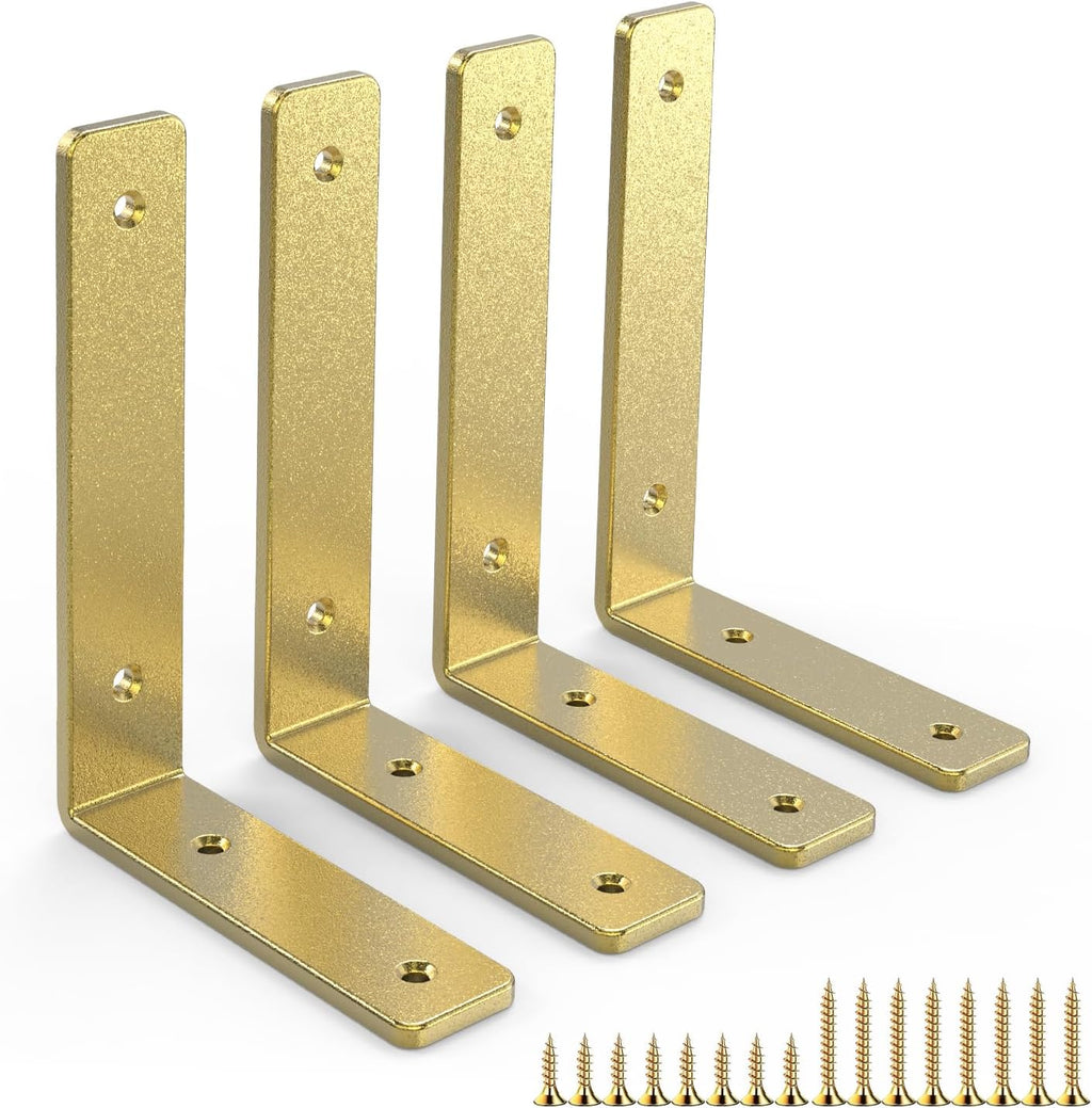 Gold Heavy Duty Shelf Brackets 6 Inch, Rustic Gold Iron L Shelf Bracket, Industrial Modern Metal Floating Shelf with Hardware for DIY Open Shelving, 4 Pack