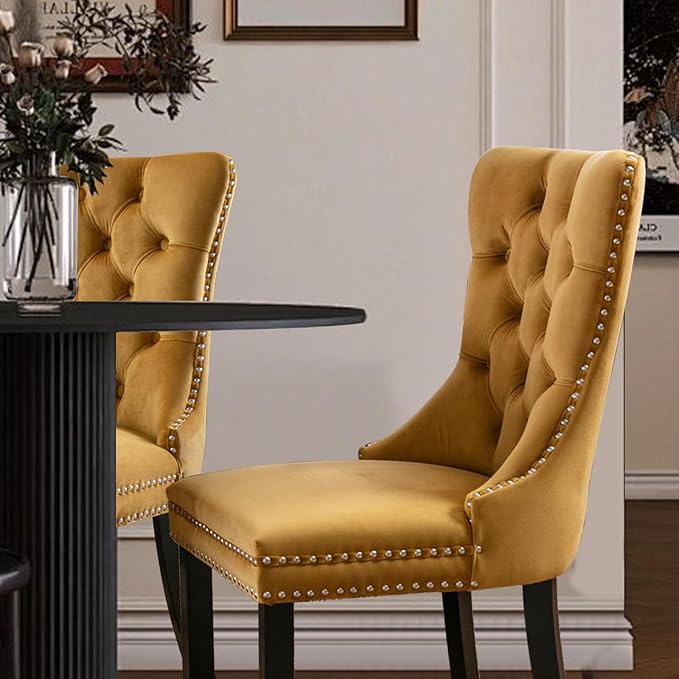 Velvet Upholstered Dining Chairs Set of 2, Modern Style Kitchen Side Chairs with Nailhead Trim and Wood Legs,Metal Pulling Ring for Dining Room Living Room(Gold)