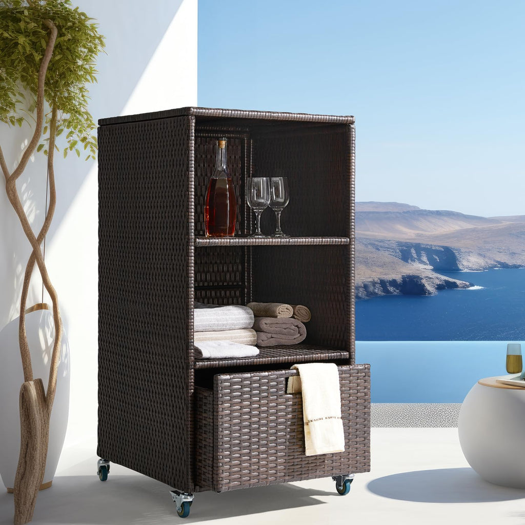 Outdoor Pool Towel Storage Cabinet Organizer Towel Valet Rack with Storage Shelves & Drawer Patio Wicker Pool Towel Holder with Rolling Wheels Poolside Caddy w/Cover for Hot Tub Spa Brown