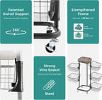 5 Tier Kitchen Fruit Vegetable Storage Cart with One-Piece Rotating Basket, Pantry Organizer Shelf Rack Floor Stand for Veggie Onion Potato Produce Spice, Rolling Snack Cart on Wheels, Black