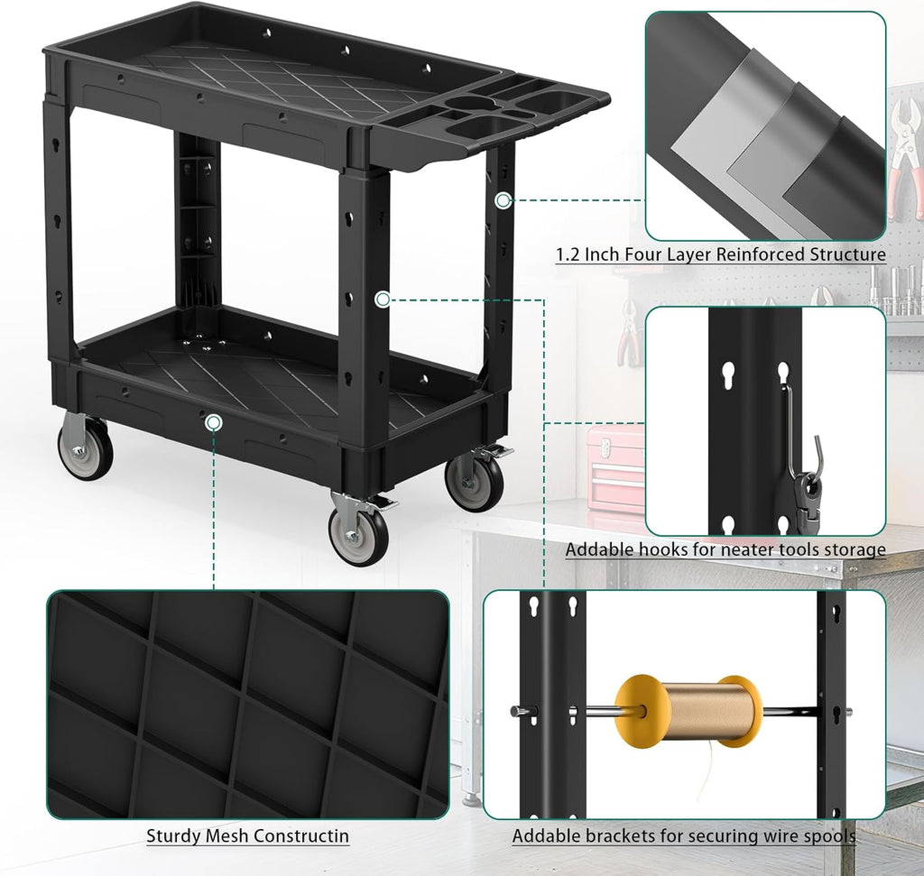 Heavy Duty Utility Rolling Tool Cart, 550 lbs Capacity Plastic Rolling Carts with 360°Swivel Wheels, 40 x 17 Inch Service Cart, 2 Shelf Work Cart for Warehouse,Garage, Cleaning, Black