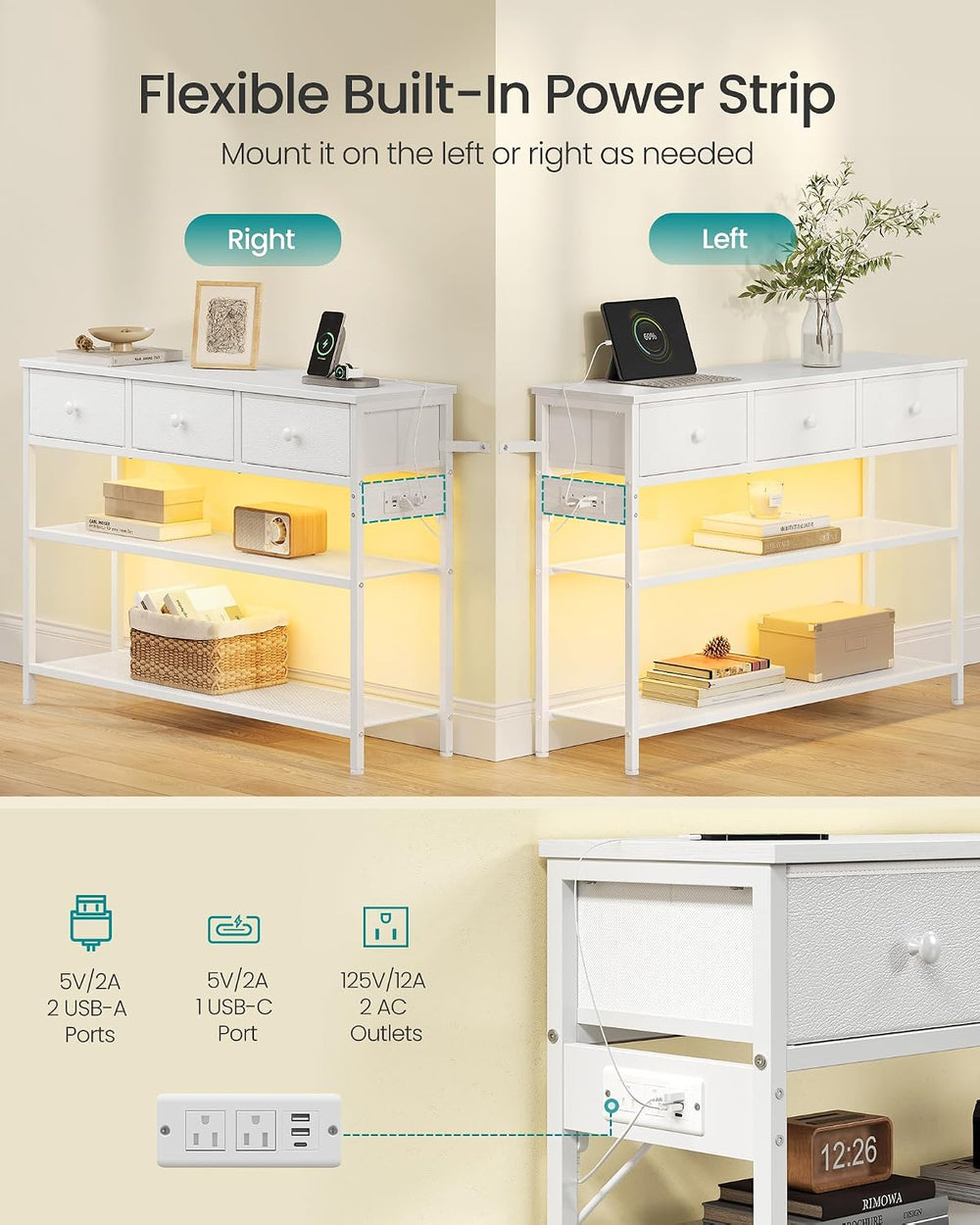 SONGMICS Console Table with Charging Station, Narrow Sofa Table with LED Ligh...