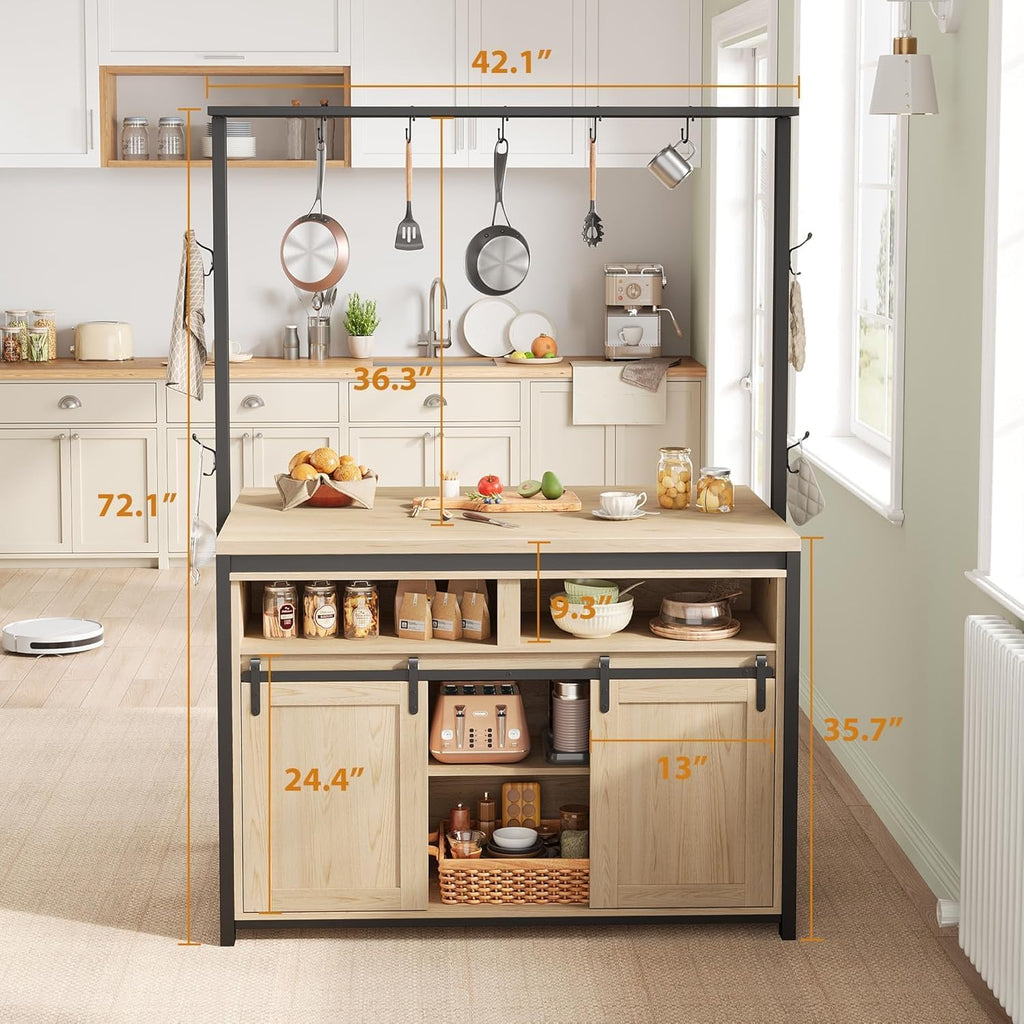 Wooden Island Table for Kitchen with Sliding Barn Door, Heavy Duty Large Coffee Bar Table with 4 Hook, Multi-Functional Bakers Rack, Storage Shelf for Kitchen Dining Room Living Room