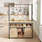 Wooden Island Table for Kitchen with Sliding Barn Door, Heavy Duty Large Coffee Bar Table with 4 Hook, Multi-Functional Bakers Rack, Storage Shelf for Kitchen Dining Room Living Room