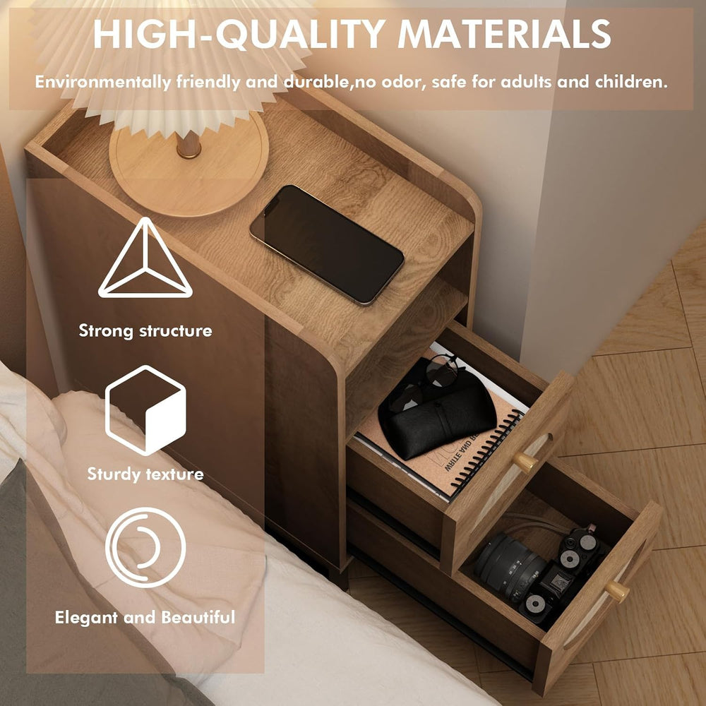 Narrow Nightstand for Small Spaces - 9.3" Slim Side Table with Rattan-We...