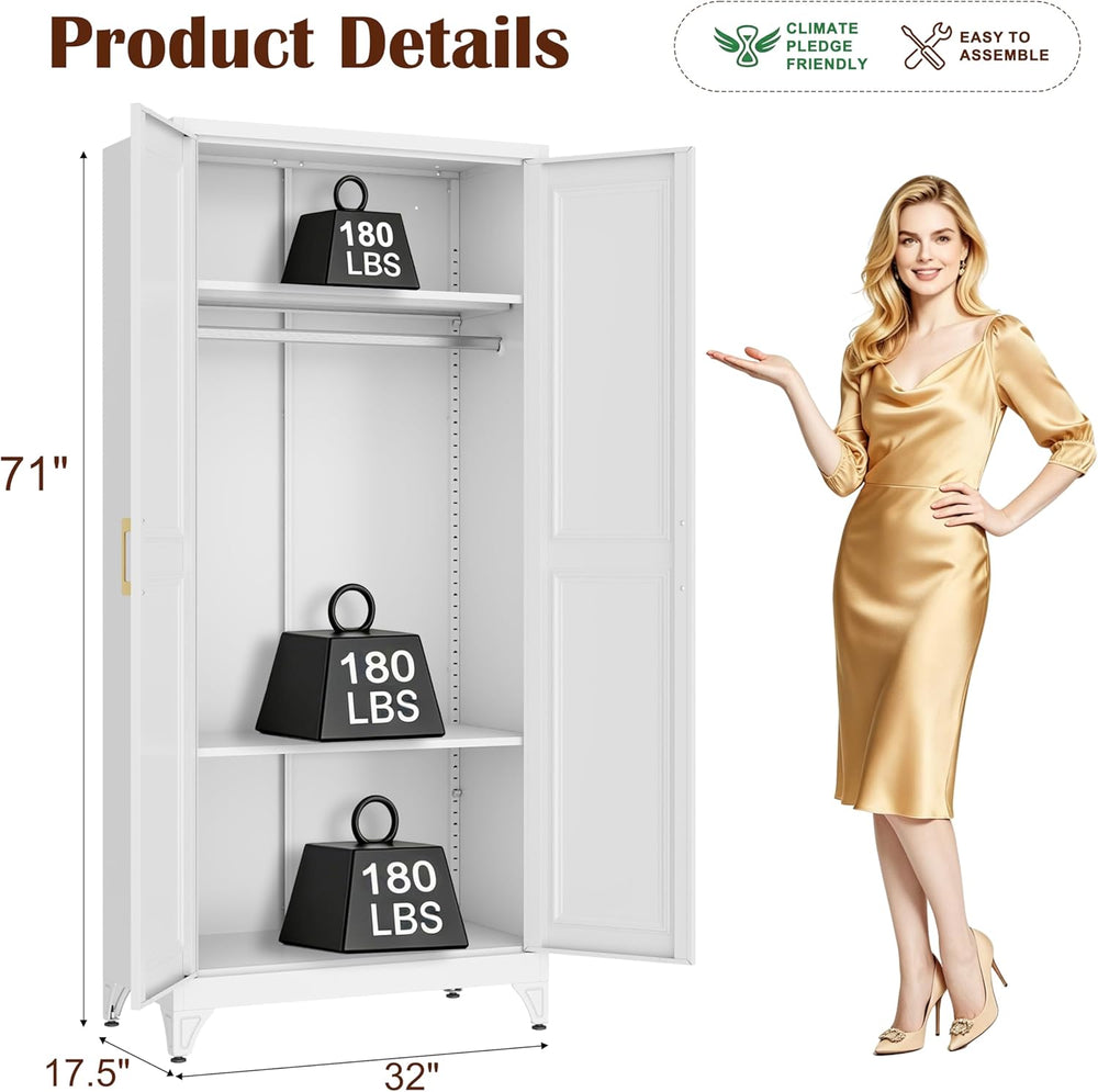 SteeLoong Metal Wardrobe Cabinet with Hanging Rod, 71" Tall Armoire Ward...