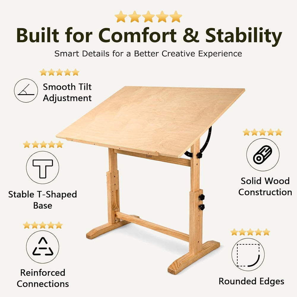 DJAR 42x30 Adjustable Wooden Drafting Table & Art Drawing Desk, Natural |...