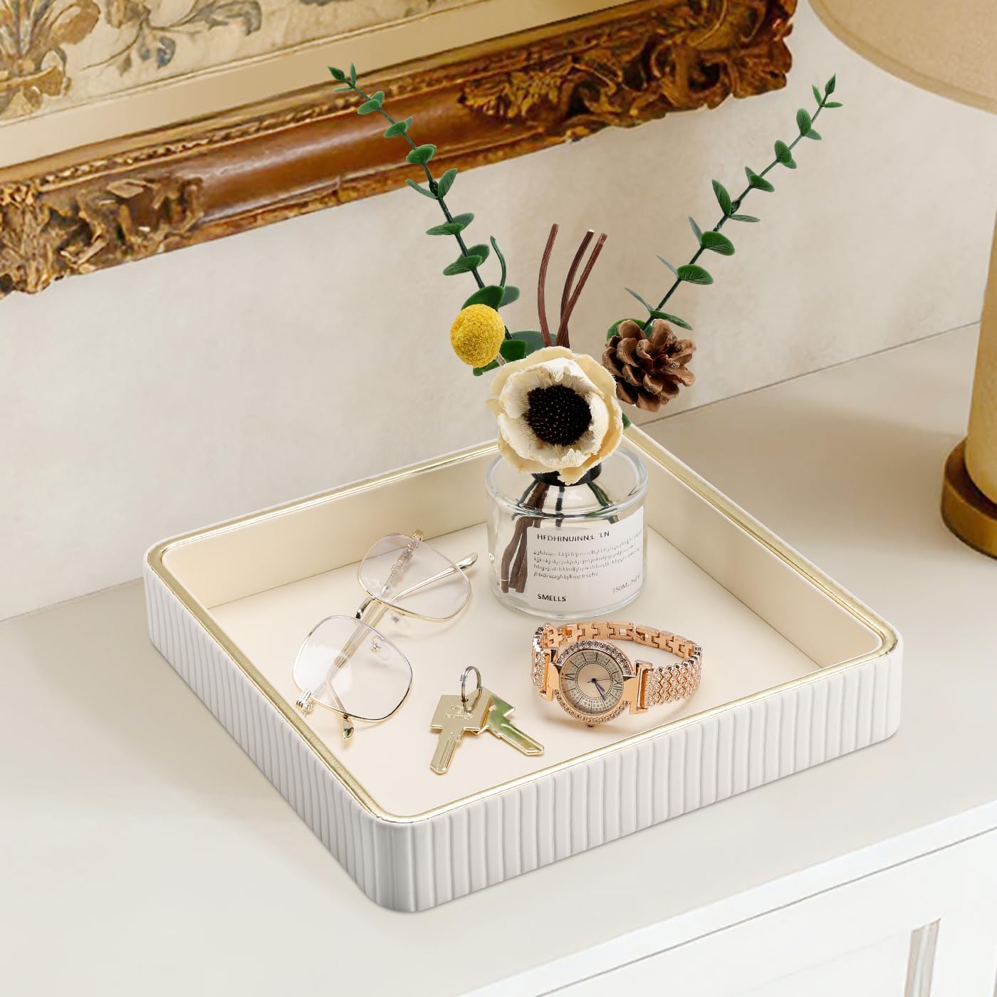 GORESE Square Nightstand Tray Perfume Organizer, Leather Decorative Tray, Purse Bowl Catch All Trays for Trinket Keys, Valet Jewelry Trays for Vanity, Gift for Women & Men, Cream White(9.3'' × 9.3'')