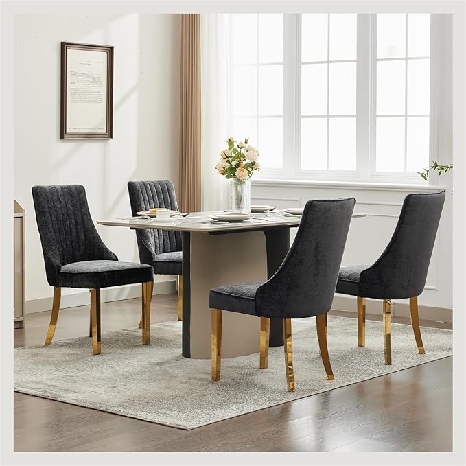 Dining Room Chairs Set of 8，Modern Channel Tufted Upholstered Dining Chairs with Golden Stainless Steel Legs, Comfortable Chenille Fabric Kitchen Chairs for Dining Room (Black, 8pc)