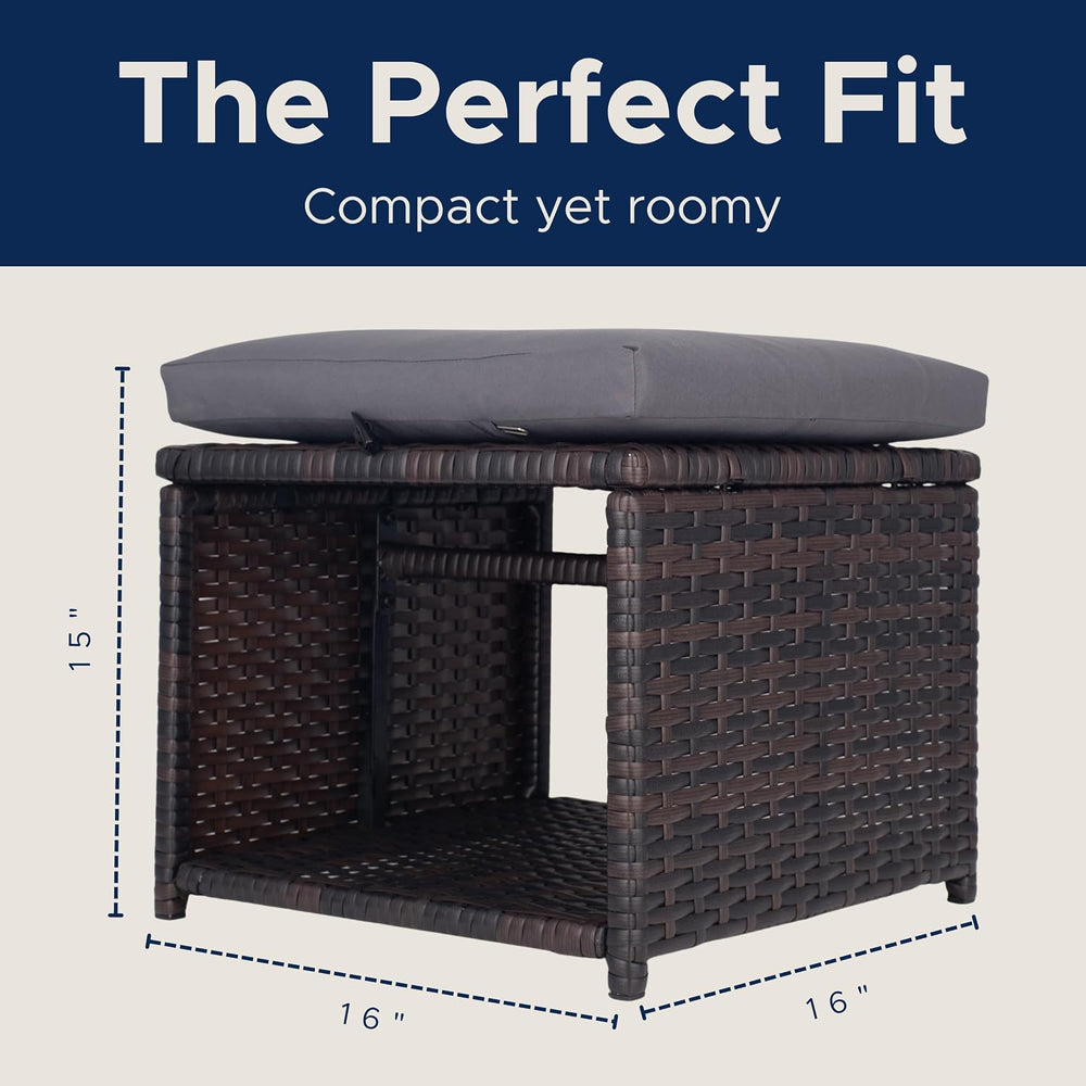 Outdoor Storage Ottoman (Set of 2) - All-Weather Wicker Patio Footstool with ...