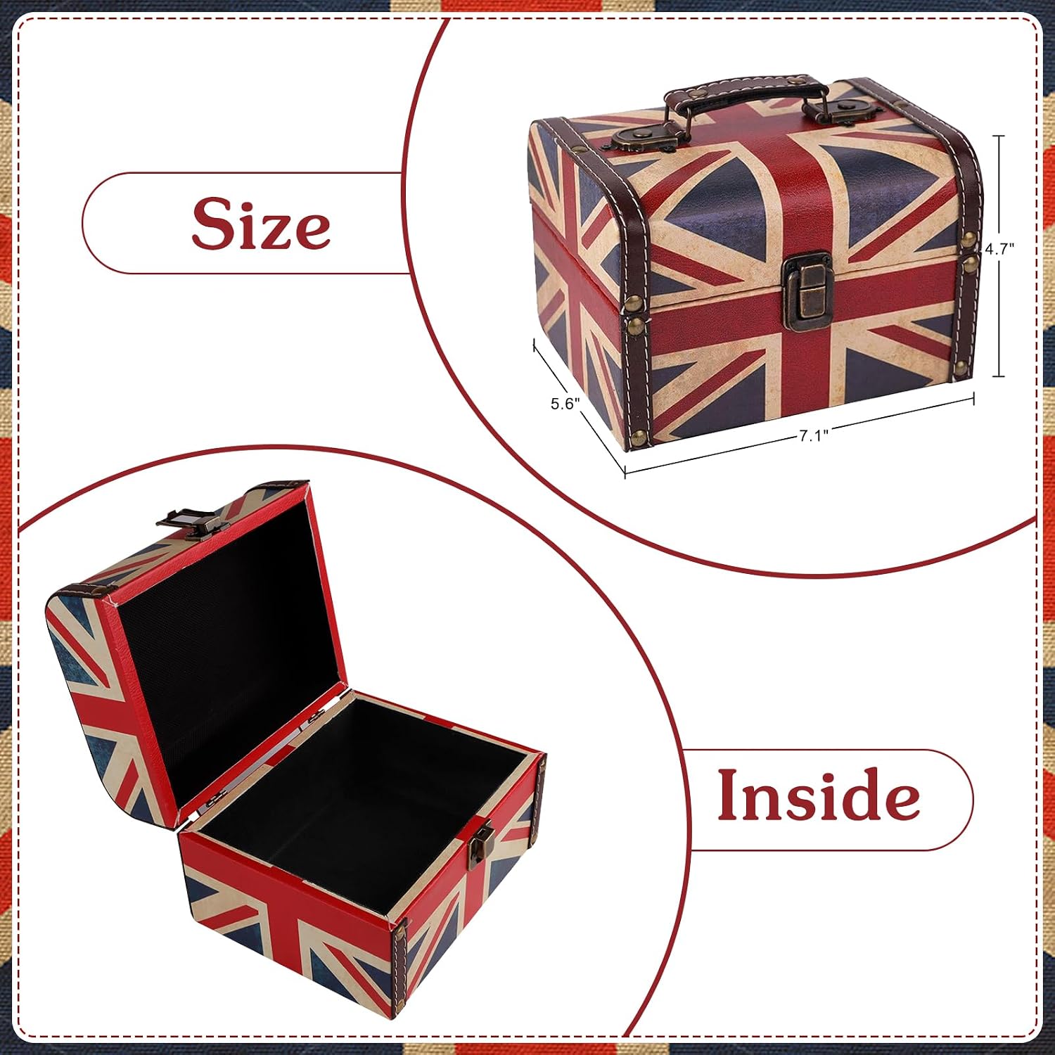 WaaHome Treasure Box 7.1'' British Flag Decorative Wooden Jewelry Keepsake Storage Box with Lids - Vintage Treasure Chest for Kids Girls Women Men, Home Decor