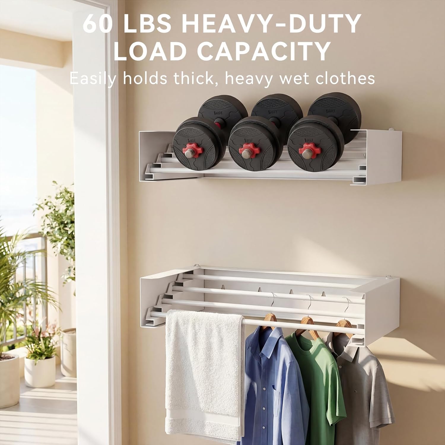 Wall Mounted Drying Rack, 23.6" Retractable Clothes Drying Rack, Heavy Duty 60LB Capacity with 4 Stainless Steel Rods, Foldable Laundry Rack for Indoor Laundry Room, Balcony & Bathroom