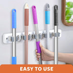 IMILLET Broom Holder Wall Mount, Wood Broom Holder with 5 Racks and 4 Hooks Broom Organizer, Laundry Room Organization and Storage, Mop Hanger for Home Organization, Garden, Garage, Closet (White)