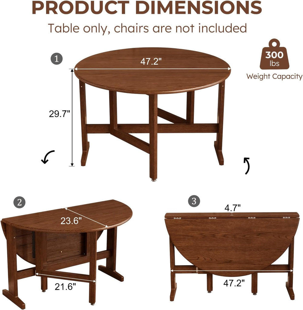 47.2" Solid Wood Small Round Dining Table, 3 in 1 Space Saving Folding D...