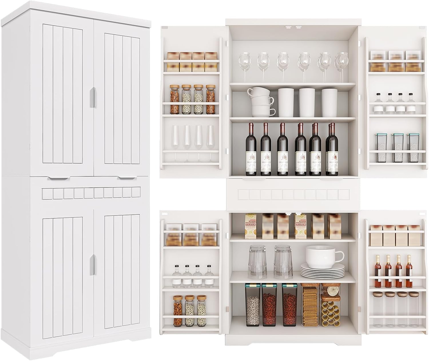 Pantries Cabinet, 71.65" Tall Storage Cabinet with Drawer, 2 Cabinets & 6 Door Shelves, Adjustable Shelves, Freestanding Cupboard for Kitchen, Living Room, Bathroom