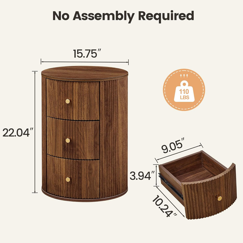 Fully Assembled Round End Table with 3 Storage Drawers, 15.75”Mid Century Side Table for Living Room, 3 Drawers Nightstand for Bedroom, Circle Sofa Bedside Table (Walnut-2 pcs)