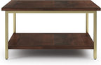 SIMPLIHOME Skyler SOLID MANGO WOOD and Metal 34 inch Wide Square Industrial Coffee Table in Dark Brown / Gold for the Living Room and Family Room