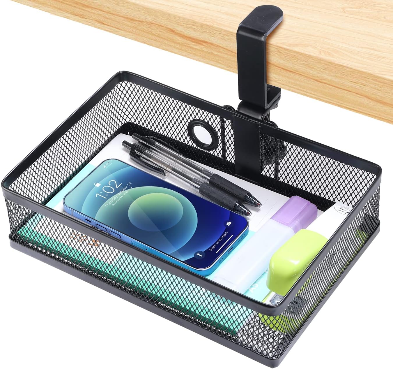 ROSLINE Under Desk Storage Organizer, Clamp on Drawer Basket, Hanging Storage, Mount Tray, Suitable for Multiple Scenes (Black)