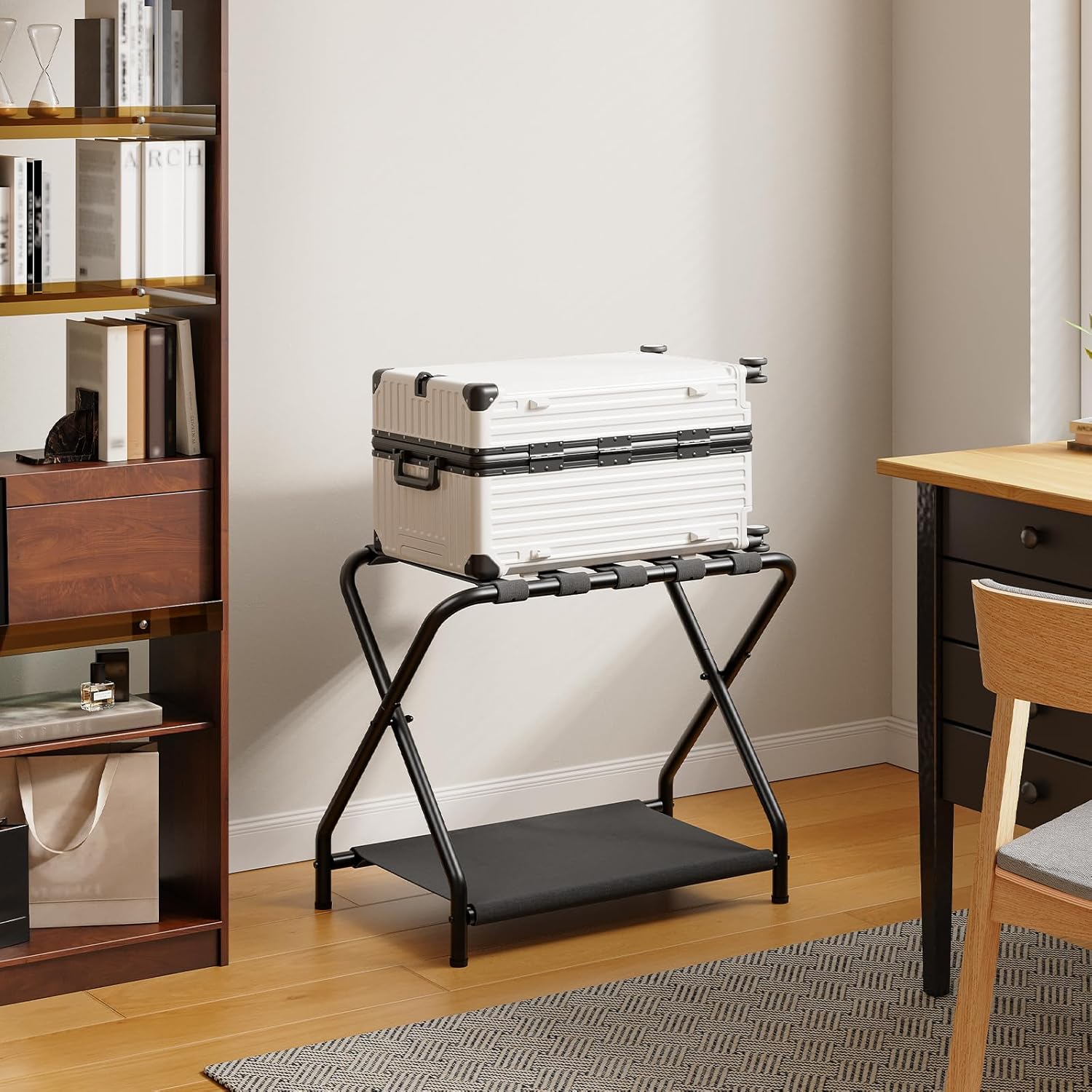 HOOBRO Luggage Rack, Folding Suitcase Stand with Fabric Storage Shelf for Guest Room, Bedroom, Hotel, Holds up to 100 lb, 27 x 15.3 x 22 Inches, Space Saving, Black BK04XL01